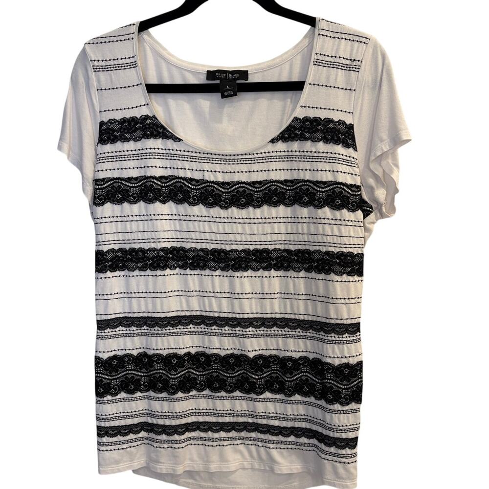 White House Black Market Black White Lace Striped Short Sleeve Top Large